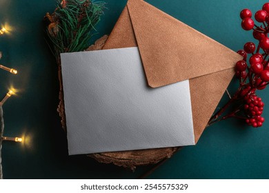 Flat lay of a Christmas card and brown envelope set against a festive background with red berries and lights, evoking a warm holiday spirit. - Powered by Shutterstock