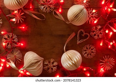 Flat Lay With Christmas Deco On Wooden Table