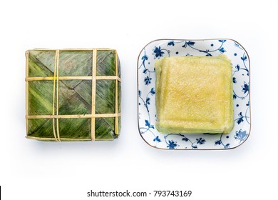 Flat Lay for Chung cake.
Cooked square glutinous rice cake / Vietnamese new year food