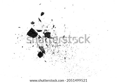 Flat lay of coal ash on white background, top view. Coal ash isolated on white background. Heap of black ash isolated on white background, top view. Black coal ash on white.