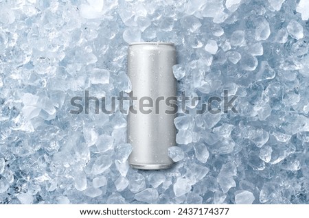 Flat lay of cold beverage can with ice cubes. Summer refreshing drink.