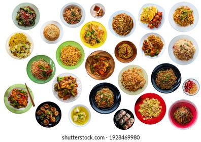 Flat Lay Collage Of Many Popular Chinese Food Dinners Isolated On White Background