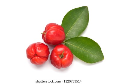 Flat Lay Of Colorful Acerola Cherry With Green Leaves On White Background, Top View 