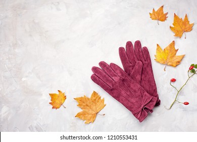 Flat Lay With Comfort Warm Gloves For Cold Weather. Comfortable Autumn, Winter Clothes Shopping, Sale, Style In Trendy Colors Concept