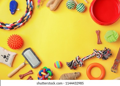Flat lay composition with accessories for dog and cat on color background. Pet care