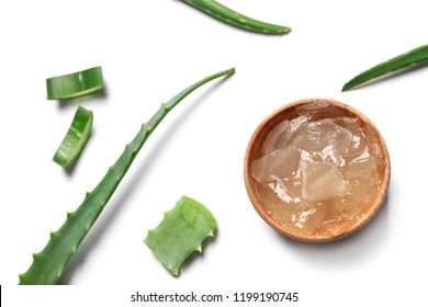 Flat lay composition with aloe vera on white background