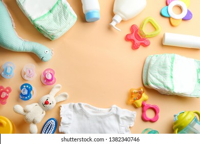 Flat Lay Composition With Baby Accessories And Space For Text On Color Background