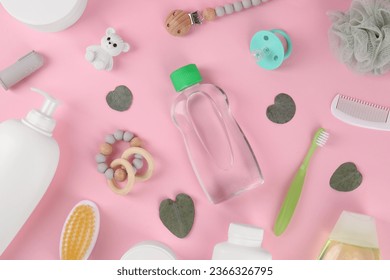 Flat lay composition with baby care products and accessories on pink background - Shutterstock ID 2366326795