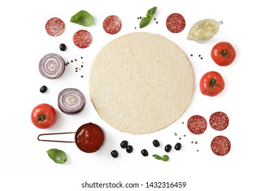 Flat Lay Composition With Base And Ingredients For Pizza On White Background