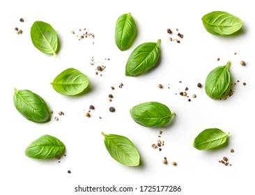flat lay composition of basil leaves and pepper isolated on white background, top view