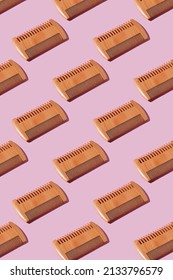 Flat lay composition with beard comb, on color background 