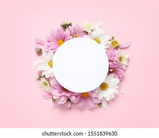 Flat Lay Composition With Beautiful Chamomile Flowers And Blank Card On Pink Background. Space For Text