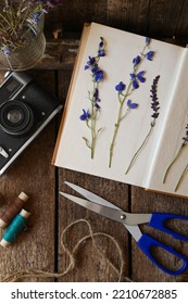 Flat lay composition with beautiful dried flowers and vintage camera on wooden table
