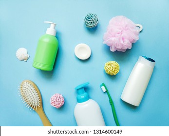 Flat Lay Composition Beauty Still Life Photography. Cosmetics And Bath Products For Personal Care. Shampoo. Liquid Soap, Toothbrush, Hairbrush, Sponge