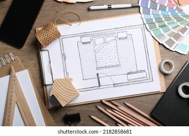 Flat lay composition and bedroom plan wooden table  Designer's workplace
