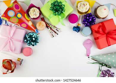 Flat lay composition of birthday elements with copyspace