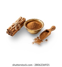Flat lay composition of a bundle of cinnamon sticks with ground cinnamon spice in a vintage brass bowl and olive wood scoop.
