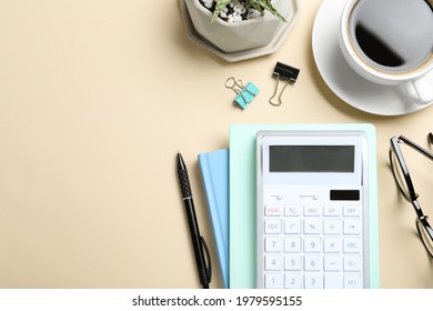 Flat lay composition with calculator, cup of coffee and stationery on beige background, space for text