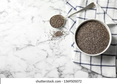 Flat Lay Composition With Chia Seeds On Marble Background, Space For Text