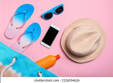 Flat Lay Composition With Collection Of Beach Objects On Color Background