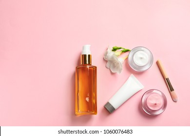 Flat Lay Composition With Cosmetic Products On Color Background