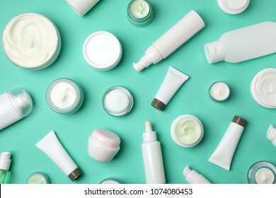 Flat Lay Composition With Cosmetic Products On Color Background