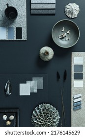 Flat lay composition of creative black architect moodboard with samples of building, textile and natural materials and personal accessories. Top view, black backgroung, template. - Shutterstock ID 2176145629