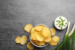 Flat Lay Composition With Delicious Crispy Potato Chips On Table, Space For Text