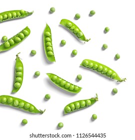 Flat lay composition with delicious fresh green peas on white background