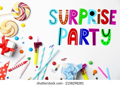 Flat lay composition with different items for surprise party on white background