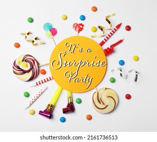 Flat lay composition with different items for surprise party on white background