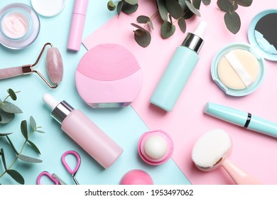 Flat lay composition with different skin care and makeup products on color background