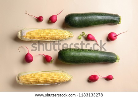 Similar – Beetroot, zucchini and corn on blue background