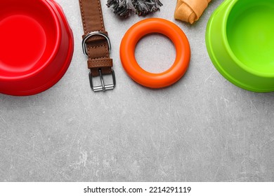 Flat Lay Composition With Dog Collar And Different Accessories On Light Grey Table, Space For Text