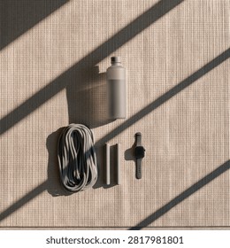 A flat lay composition featuring crafting tools including a spool of rope, a bottle, and other small items, set against a textured background with strong diagonal light and shadow patterns.