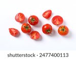 Flat lay composition with fresh cherry tomatoes on white background. Ripe vegetables