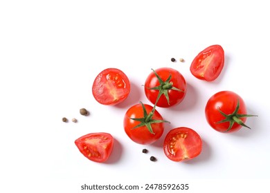 Flat lay composition with fresh cherry tomatoes, pepper on white background. Ripe vegetables - Powered by Shutterstock