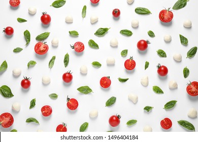 Flat Lay Composition With Fresh Ingredients For Pizza On White Background