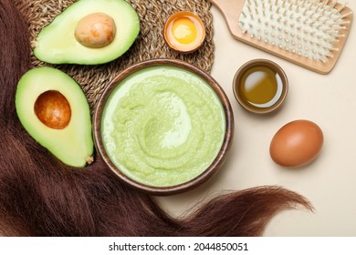 Flat Lay Composition With Homemade Hair Mask And Ingredients On Beige Background