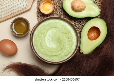 Flat Lay Composition With Homemade Hair Mask And Ingredients On Beige Background