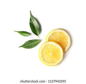 Flat lay composition with lemon slices and leaves on white background