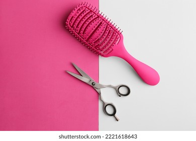 Flat Lay Composition With Light Blond Hair, Comb, Scissors And Space For Text On Background. Hairdresser Service