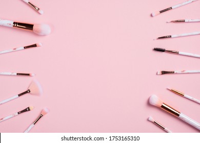 Flat Lay Composition With Make Up Brushes On Pink Background. Makeup Store Banner Mockup. 