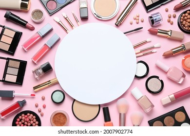 Flat Lay Composition With Makeup Products And Blank Round Card On Pink Background, Space For Text