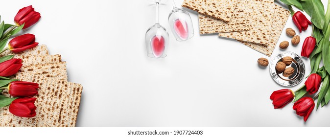 Flat lay composition with matzos on white background, space for text. Passover (Pesach) celebration