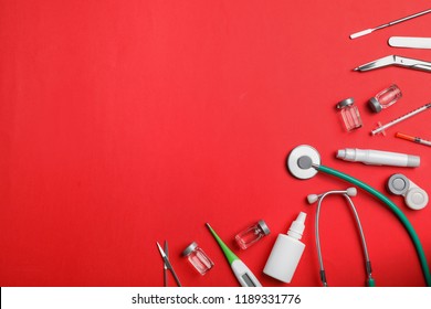 Flat lay composition with medical items and space for text on color background