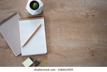 Flat Lay Composition With Note Paper Note , Notebook,  Pencil, Clips, Succulent, Work Table Desk, Work Area