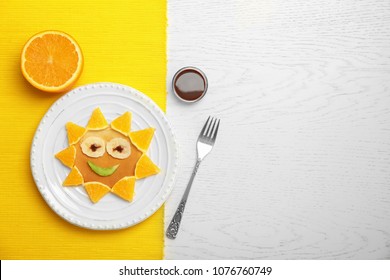 Flat Lay Composition With Pancake In Form Of Sun On Table. Creative Breakfast Ideas For Kids