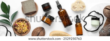 Flat lay composition with personal care products on white background, banner design. Spa treatment