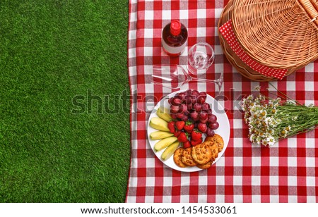 Flat lay composition with picnic basket and products on checkered blanket outdoor, space for text